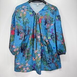 NEW Blue Satin Floral and Butterfly Zip Front 3/4 Balloon Sleeve Blouse Size XXL